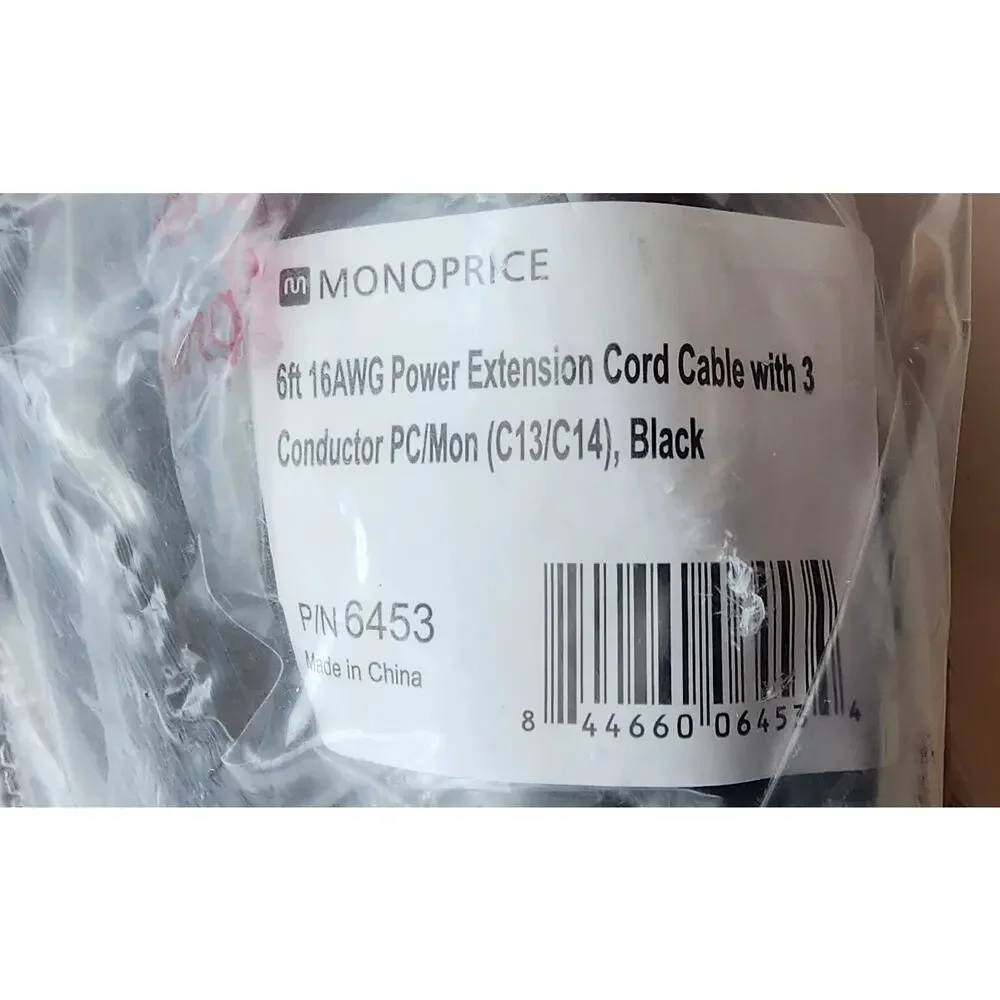 Lot 10 - Monoprice 6453 6 Ft. - Power Extension Cable - 3 Conductor - PC-Monitor